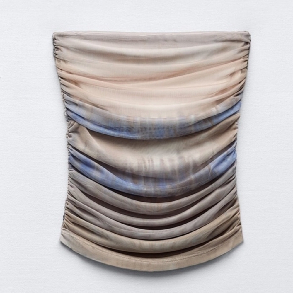 Zara NWOT ruched mesh tulle strapless corset tube top- summer tie dye print